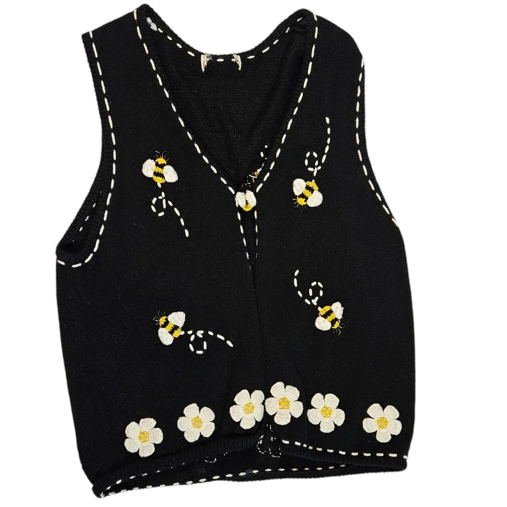 Vintage 90s Bumblebee Daisy Knit Vest Sz XL ? 3D Beaded Boho Grannycore Cottage - Picture 10 of 16